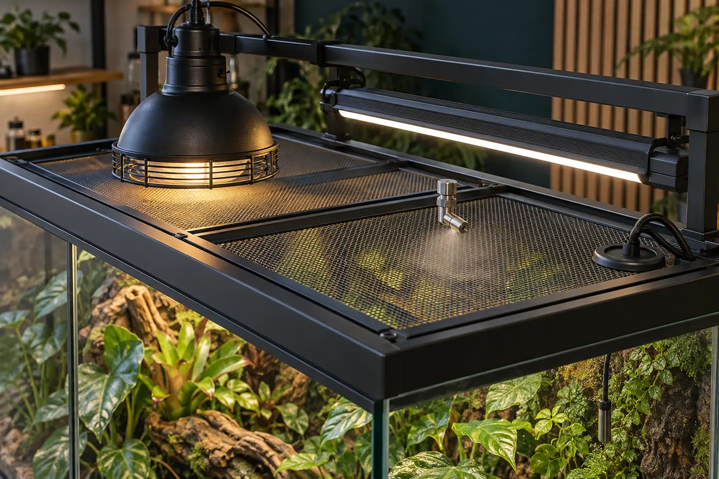 Terrárium felső technikai kialakítása világítással, párásító fúvókával és kábelátvezetéssel